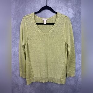 Chicos lime green knit sweater  sparkle in weave long sleeve V neckline Size L‎
